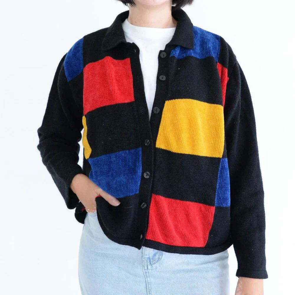 Vintage Liz Claiborne Black Primary Color Colorblock Button Cardigan Sweater XL